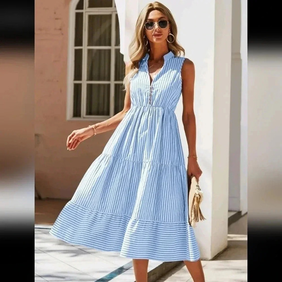 Striped Print Notched Neck A-line Dress - Picture 4 of 6